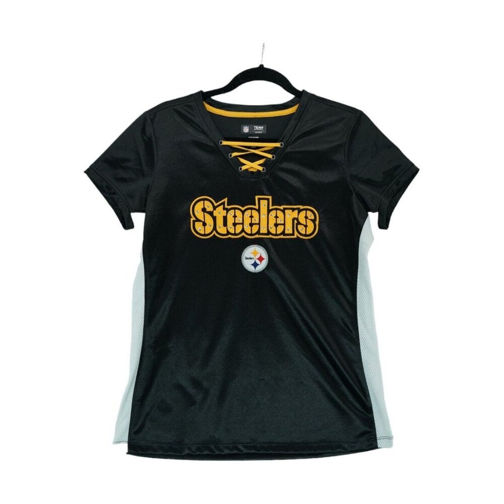 Womens NFL Team Apparel Pittsburgh‎ Steelers Football Satin Rhinestone Top Large